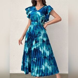 Blue Floral Pleated Midi Dress with Belt